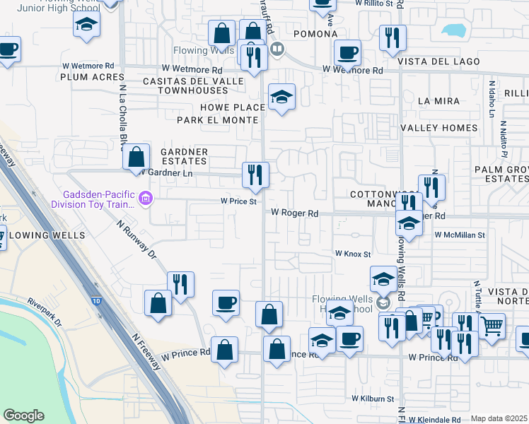 map of restaurants, bars, coffee shops, grocery stores, and more near North Romero Road in Tucson