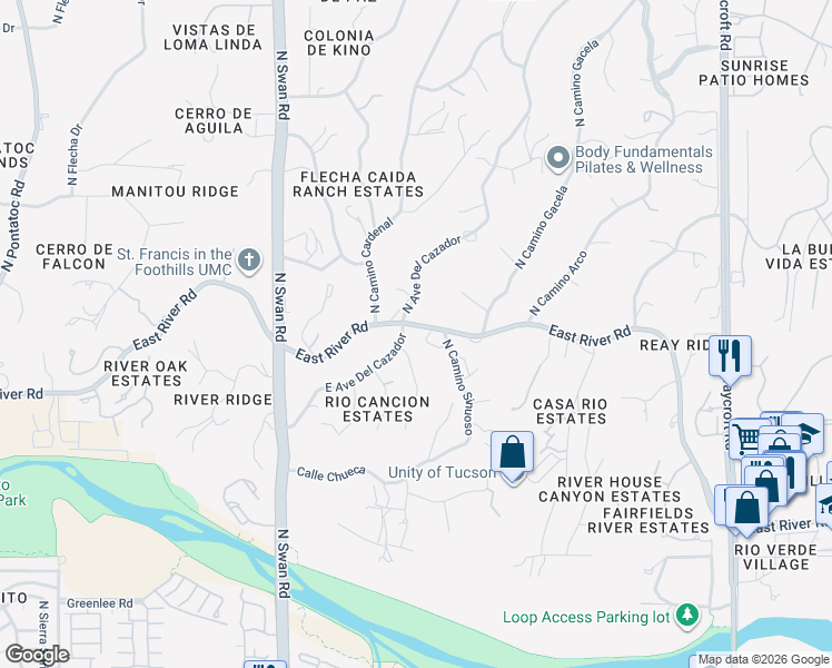 map of restaurants, bars, coffee shops, grocery stores, and more near 4990 East Avenida Del Cazador in Tucson
