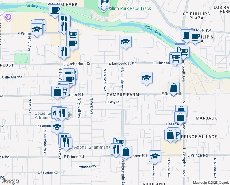 map of restaurants, bars, coffee shops, grocery stores, and more near 1262 East Weimer Circle in Tucson