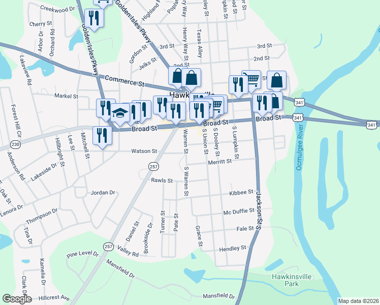 map of restaurants, bars, coffee shops, grocery stores, and more near 83 Liberty Street in Hawkinsville