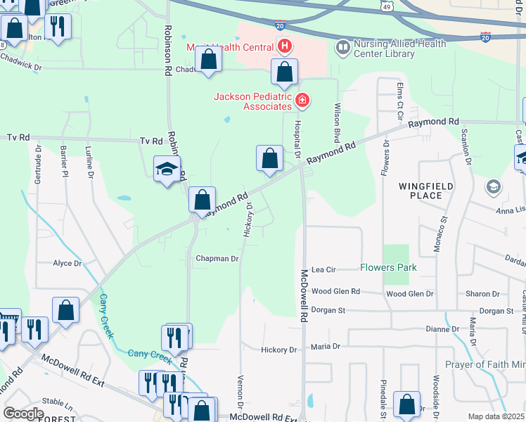 map of restaurants, bars, coffee shops, grocery stores, and more near 1533 Raymond Road in Jackson