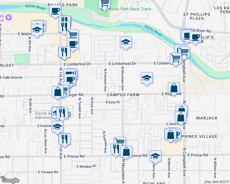 map of restaurants, bars, coffee shops, grocery stores, and more near 1262 East Weimer Circle in Tucson
