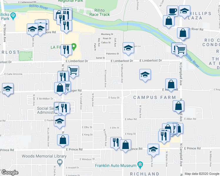 map of restaurants, bars, coffee shops, grocery stores, and more near 1262 East Weimer Circle in Tucson