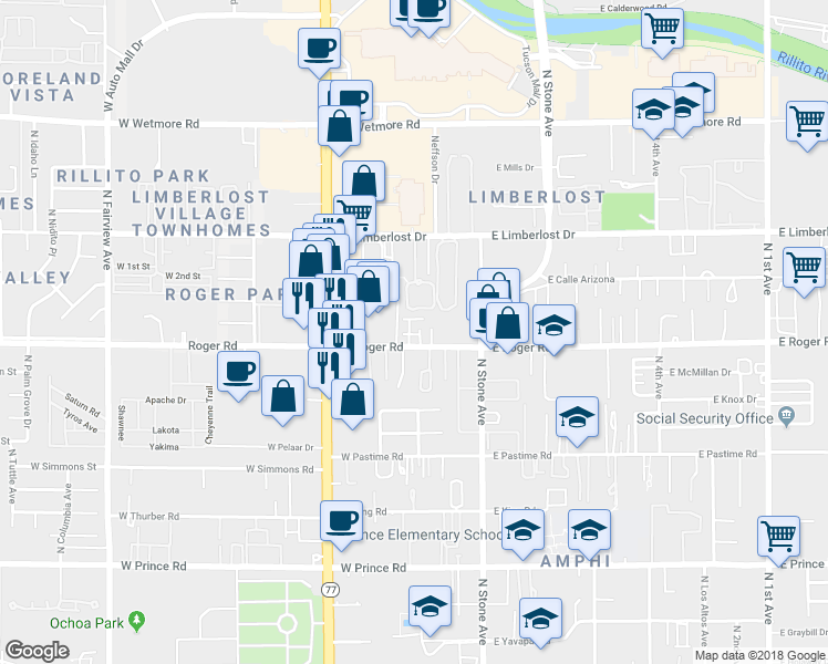 map of restaurants, bars, coffee shops, grocery stores, and more near 220 West Roger Road in Tucson