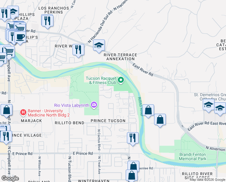 map of restaurants, bars, coffee shops, grocery stores, and more near 2925 East Racquet Court in Tucson