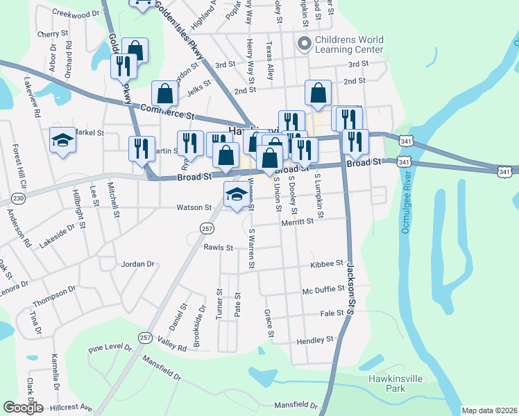 map of restaurants, bars, coffee shops, grocery stores, and more near 83 Liberty Street in Hawkinsville
