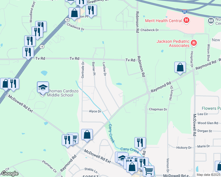 map of restaurants, bars, coffee shops, grocery stores, and more near 5120 Lurline Drive in Jackson