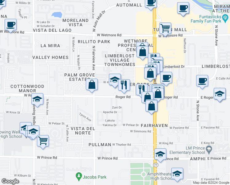 map of restaurants, bars, coffee shops, grocery stores, and more near 732 West Roger Road in Tucson