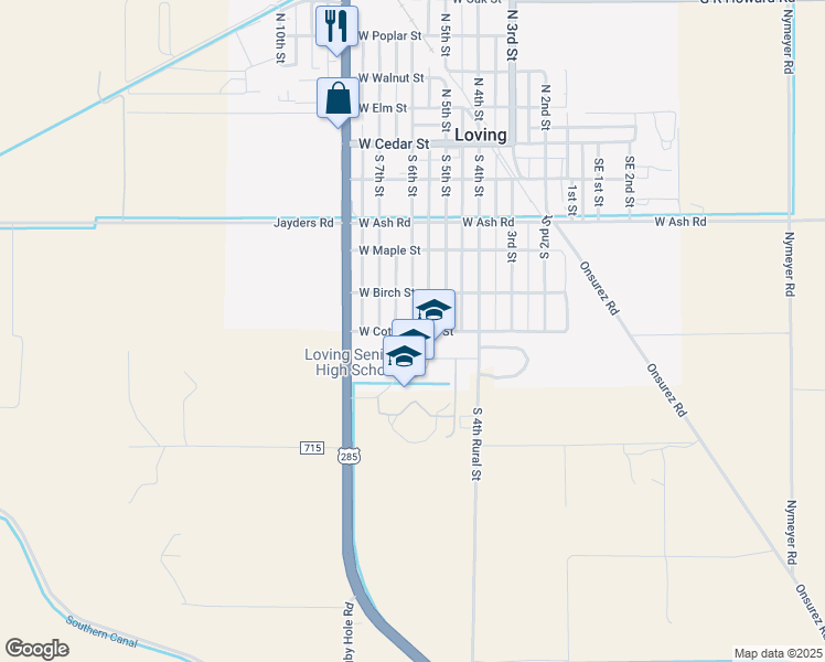 map of restaurants, bars, coffee shops, grocery stores, and more near 602 South 6th Street in Loving