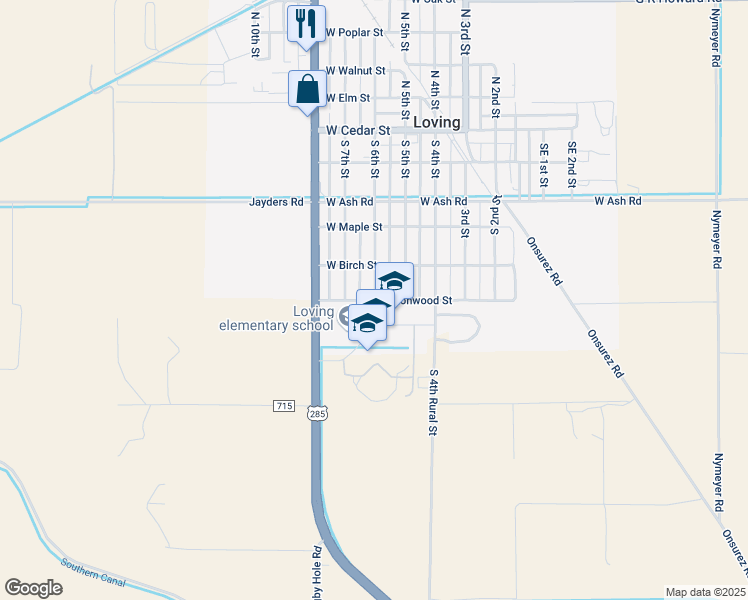 map of restaurants, bars, coffee shops, grocery stores, and more near 599 South 6th Street in Loving