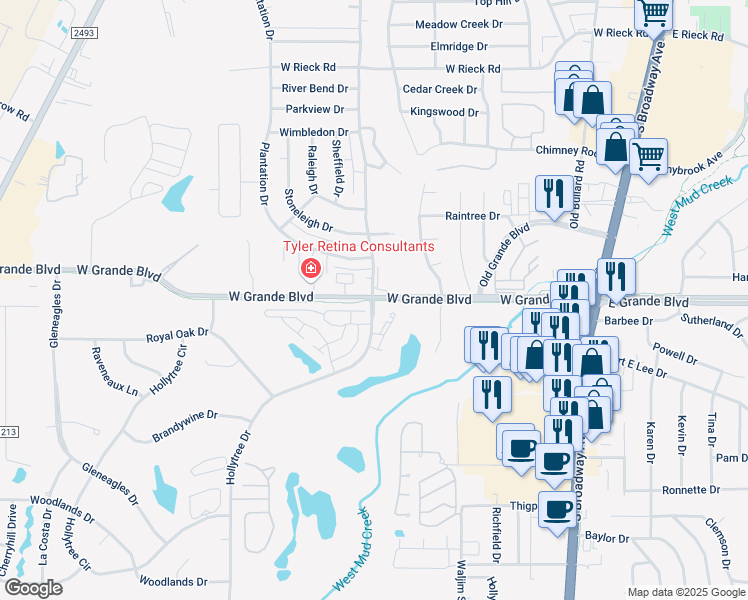 map of restaurants, bars, coffee shops, grocery stores, and more near 6639 Hollytree Drive in Tyler