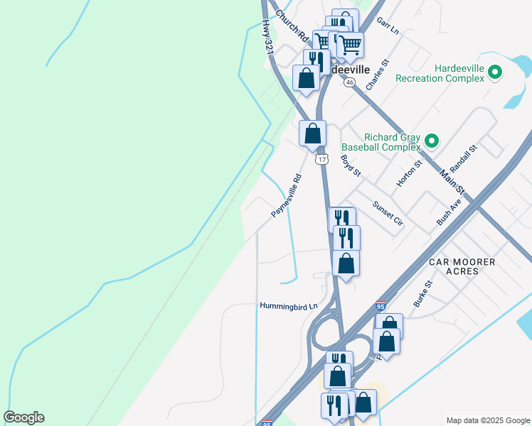 map of restaurants, bars, coffee shops, grocery stores, and more near 50 Young Street in Hardeeville