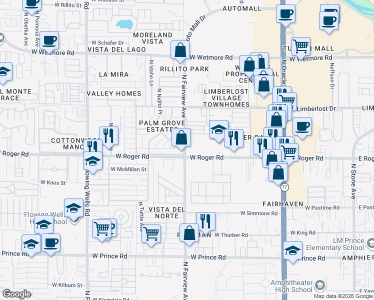 map of restaurants, bars, coffee shops, grocery stores, and more near 4040 North Fairview Avenue in Tucson