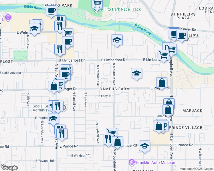 map of restaurants, bars, coffee shops, grocery stores, and more near 1262 East Weimer Circle in Tucson