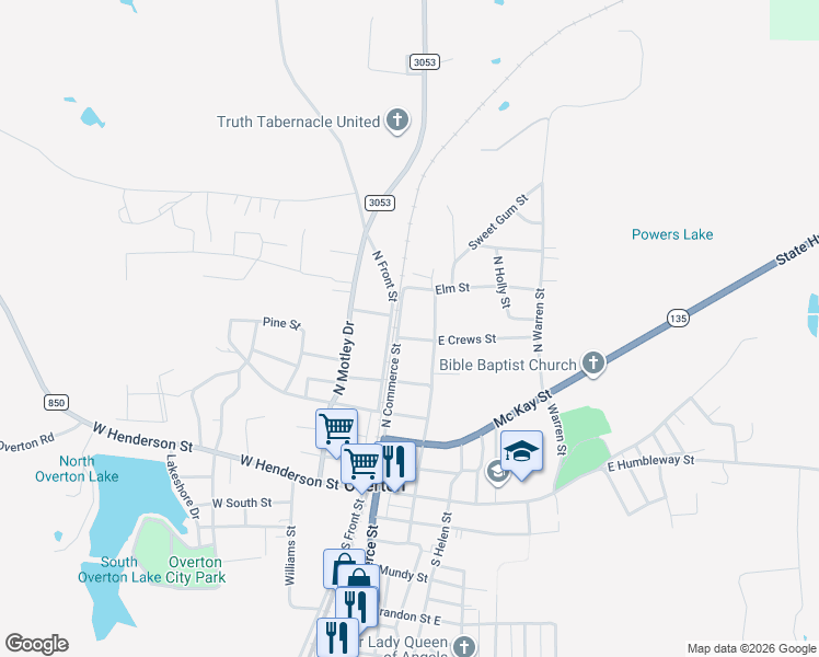 map of restaurants, bars, coffee shops, grocery stores, and more near 602 North Commerce Street in Overton