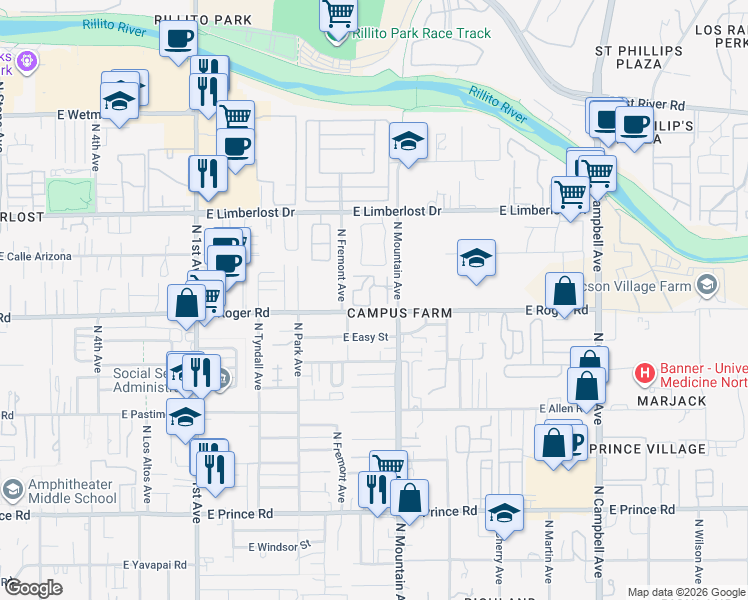 map of restaurants, bars, coffee shops, grocery stores, and more near 1262 East Weimer Circle in Tucson