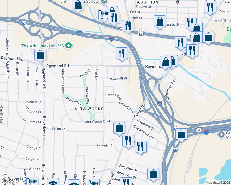 map of restaurants, bars, coffee shops, grocery stores, and more near 244 Marla Avenue in Jackson