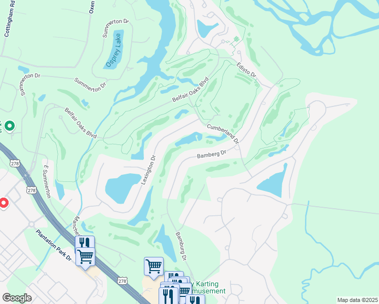 map of restaurants, bars, coffee shops, grocery stores, and more near 283 Bamberg Drive in Bluffton