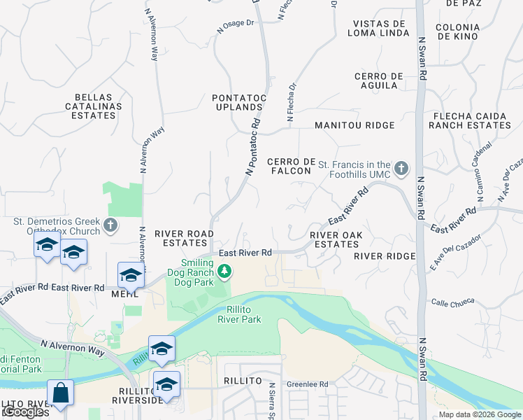 map of restaurants, bars, coffee shops, grocery stores, and more near 4042 North Pontatoc Road in Tucson
