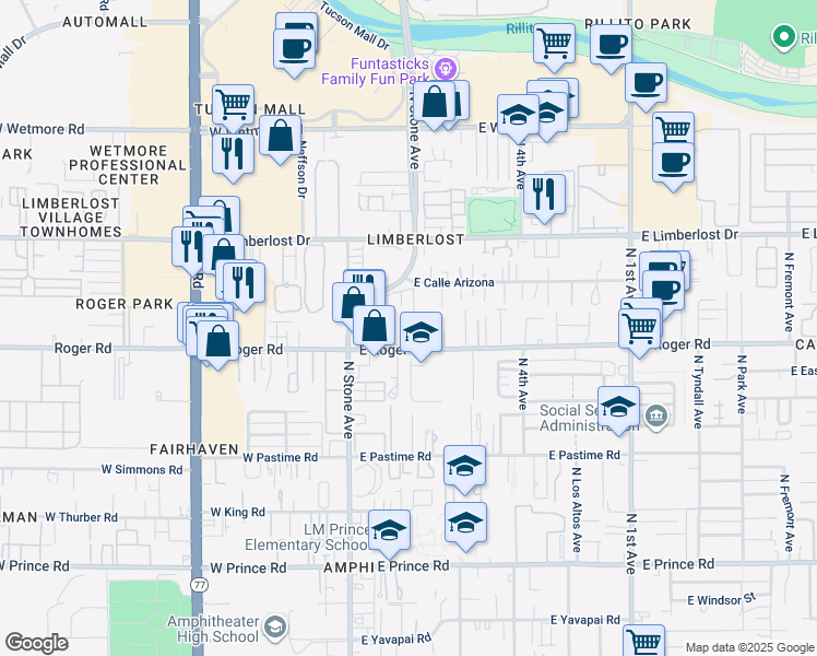 map of restaurants, bars, coffee shops, grocery stores, and more near 131 East Roger Road in Tucson