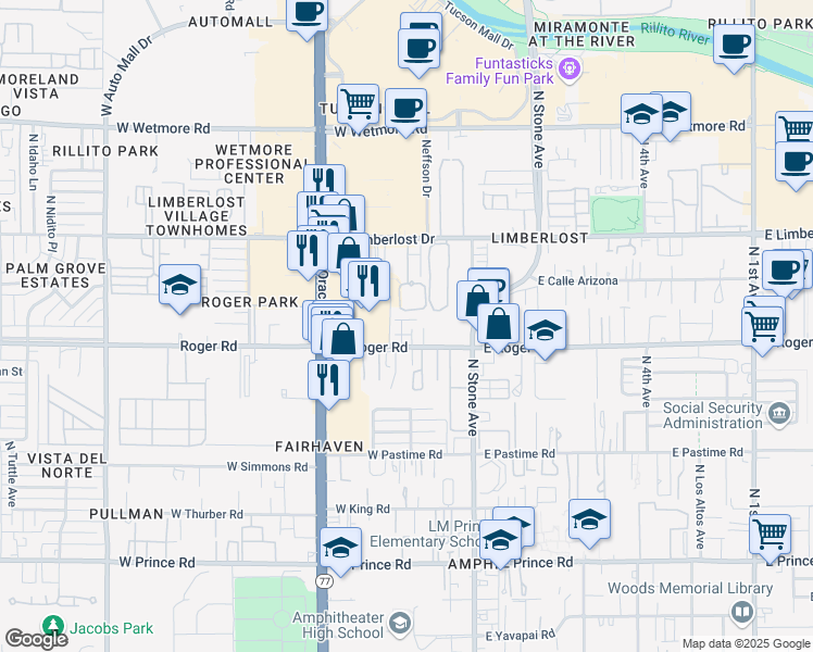 map of restaurants, bars, coffee shops, grocery stores, and more near 220 West Roger Road in Tucson