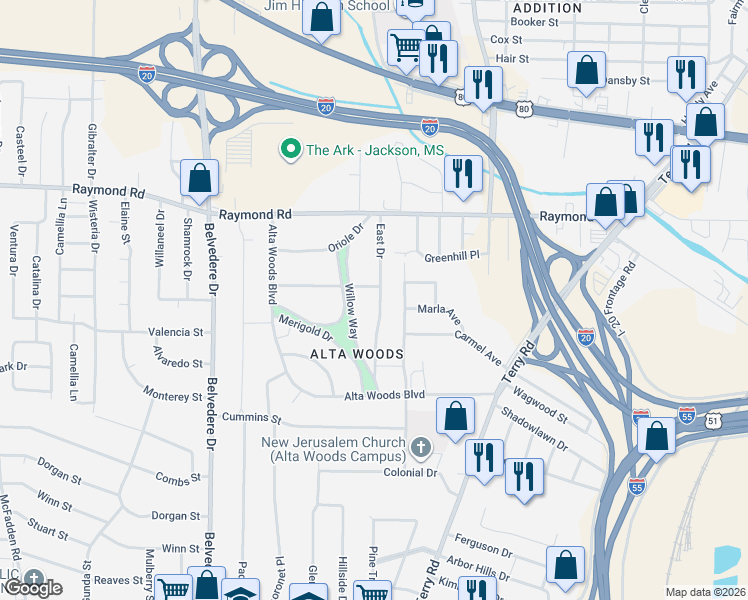 map of restaurants, bars, coffee shops, grocery stores, and more near 127 Mockingbird Lane in Jackson