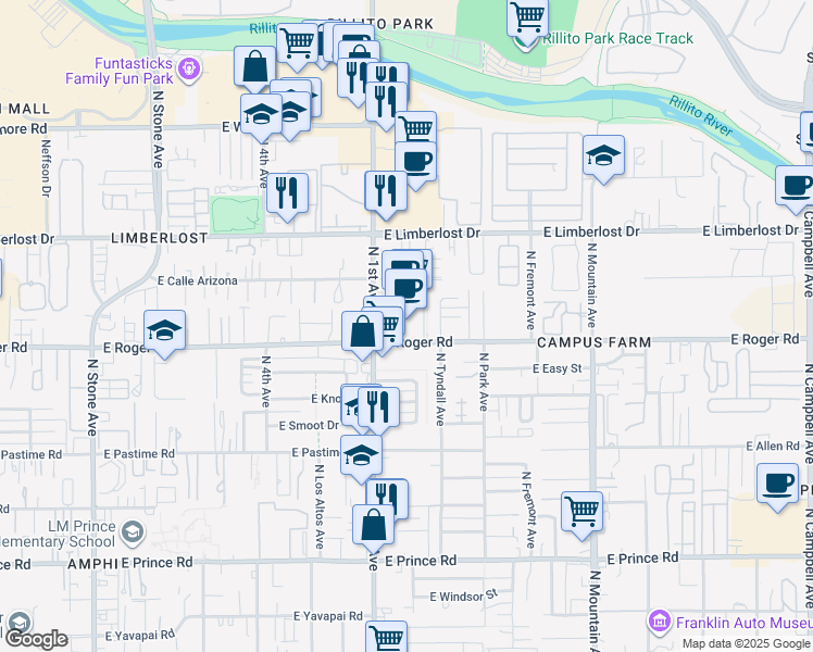 map of restaurants, bars, coffee shops, grocery stores, and more near 4016 North 1st Avenue in Tucson
