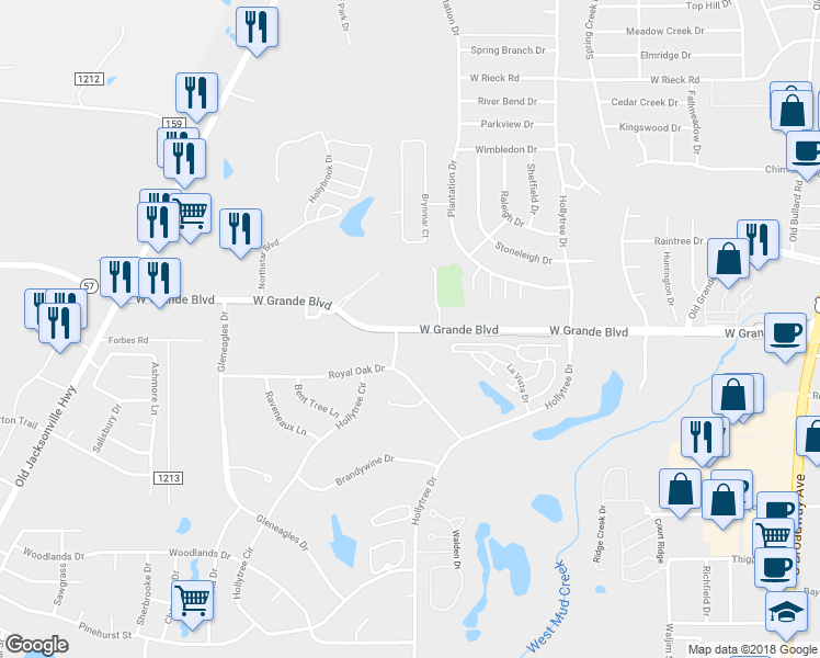 map of restaurants, bars, coffee shops, grocery stores, and more near 1450 West Grande Boulevard in Tyler