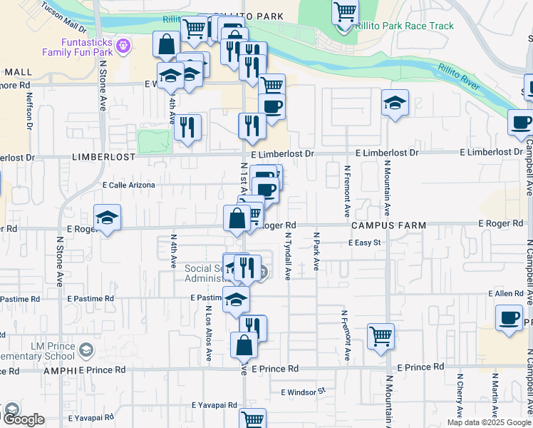map of restaurants, bars, coffee shops, grocery stores, and more near 4016 North 1st Avenue in Tucson