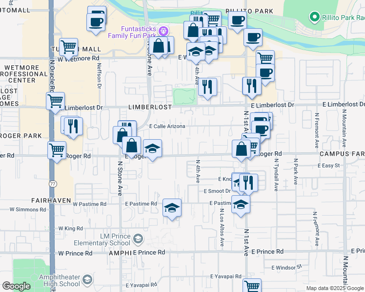 map of restaurants, bars, coffee shops, grocery stores, and more near 329 East Roger Road in Tucson
