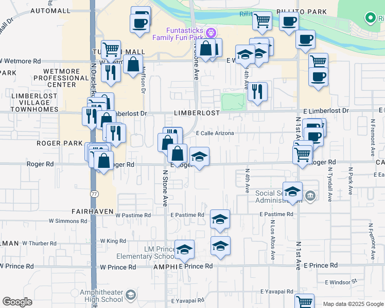map of restaurants, bars, coffee shops, grocery stores, and more near 131 East Roger Road in Tucson