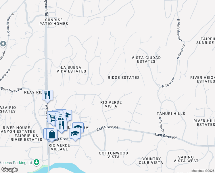 map of restaurants, bars, coffee shops, grocery stores, and more near 5951 East Placita De Las Luces in Tucson