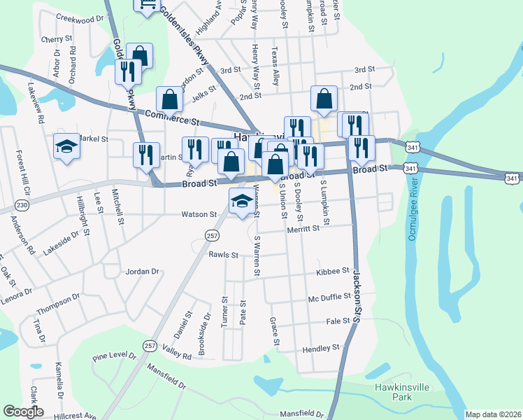 map of restaurants, bars, coffee shops, grocery stores, and more near 83 Liberty Street in Hawkinsville