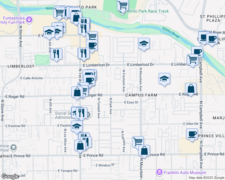 map of restaurants, bars, coffee shops, grocery stores, and more near 4016 North Park Avenue in Tucson