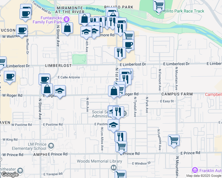map of restaurants, bars, coffee shops, grocery stores, and more near 549 East Roger Road in Tucson