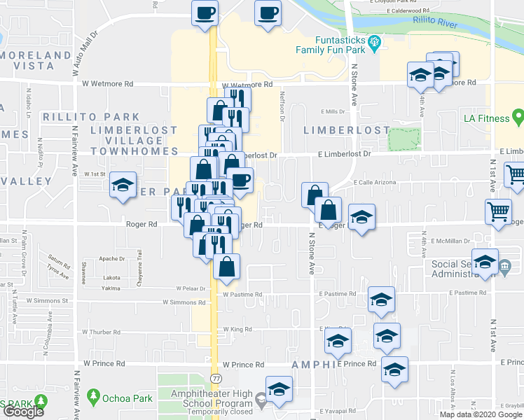 map of restaurants, bars, coffee shops, grocery stores, and more near 220 West Roger Road in Tucson