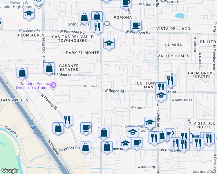 map of restaurants, bars, coffee shops, grocery stores, and more near 1750 West Roger Road in Tucson