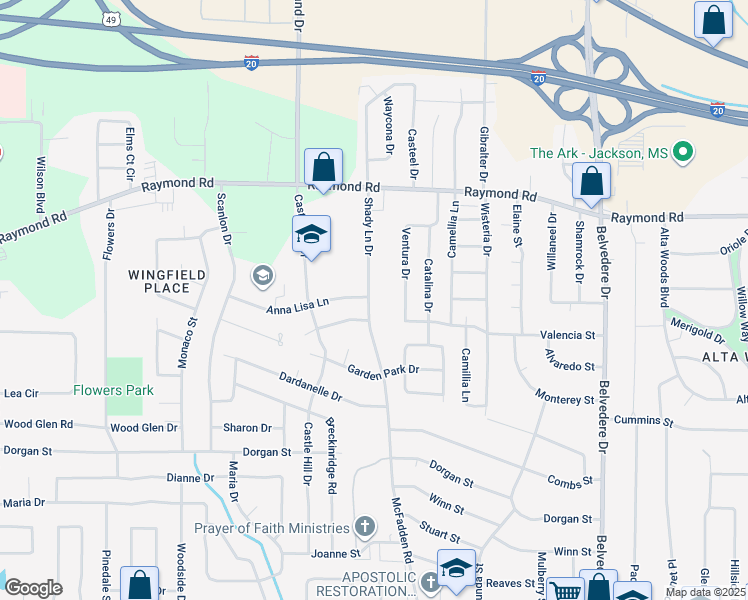 map of restaurants, bars, coffee shops, grocery stores, and more near 1994 Shady Lane Drive in Jackson