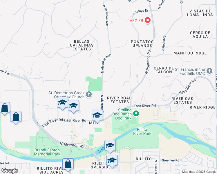 map of restaurants, bars, coffee shops, grocery stores, and more near 3910 East San Simeon Drive in Tucson