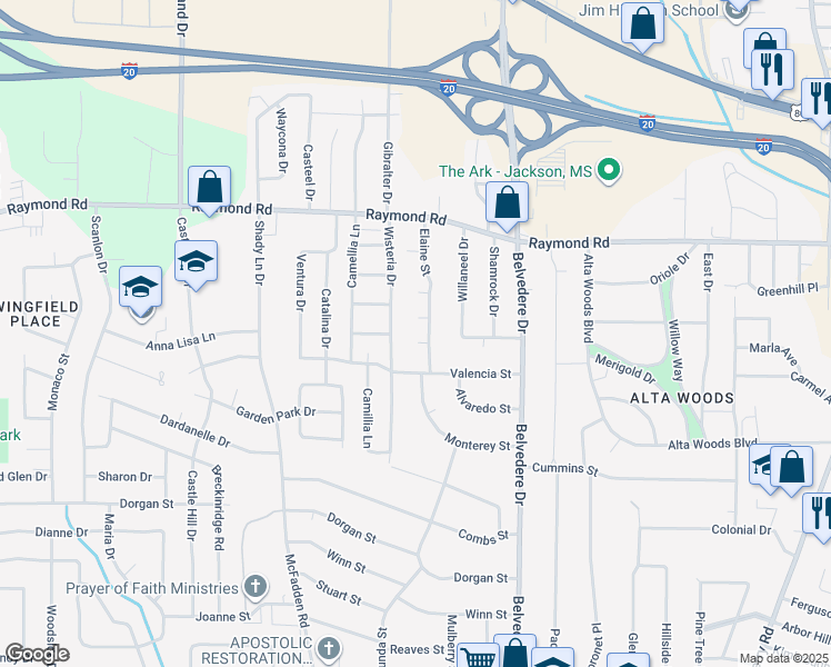 map of restaurants, bars, coffee shops, grocery stores, and more near 21 Valencia Ct in Jackson