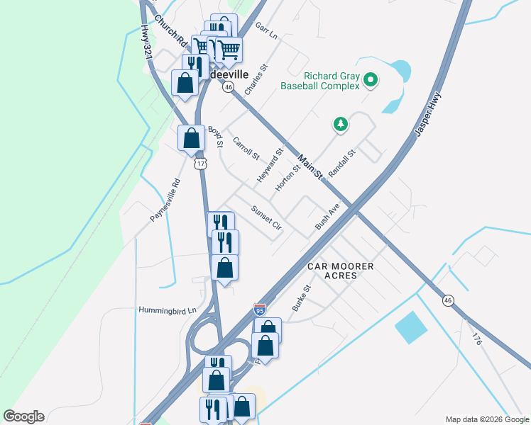 map of restaurants, bars, coffee shops, grocery stores, and more near 111 Sunset Circle in Hardeeville