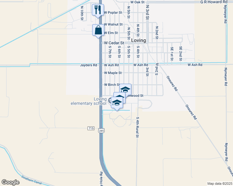 map of restaurants, bars, coffee shops, grocery stores, and more near 501-599 S 6th St in Loving