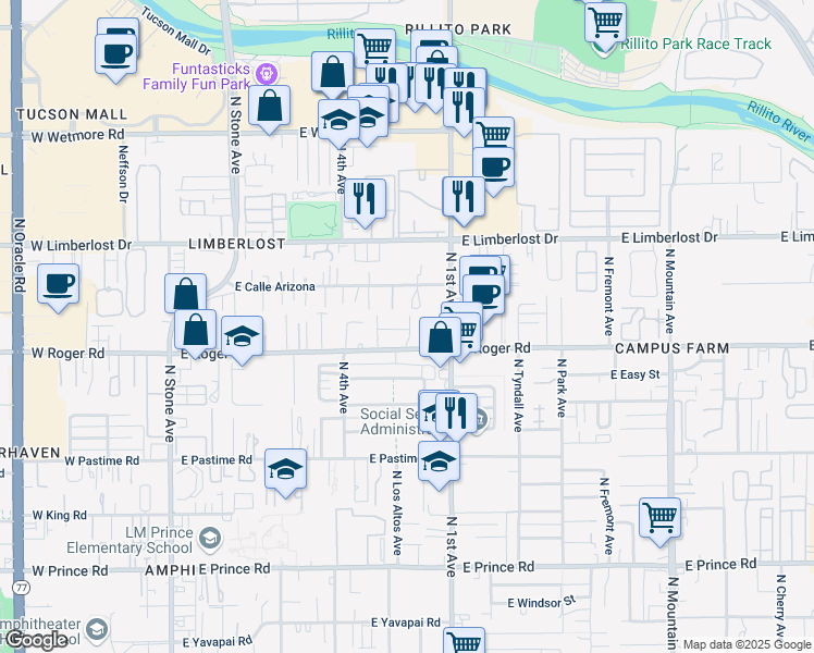 map of restaurants, bars, coffee shops, grocery stores, and more near 549 East Roger Road in Tucson