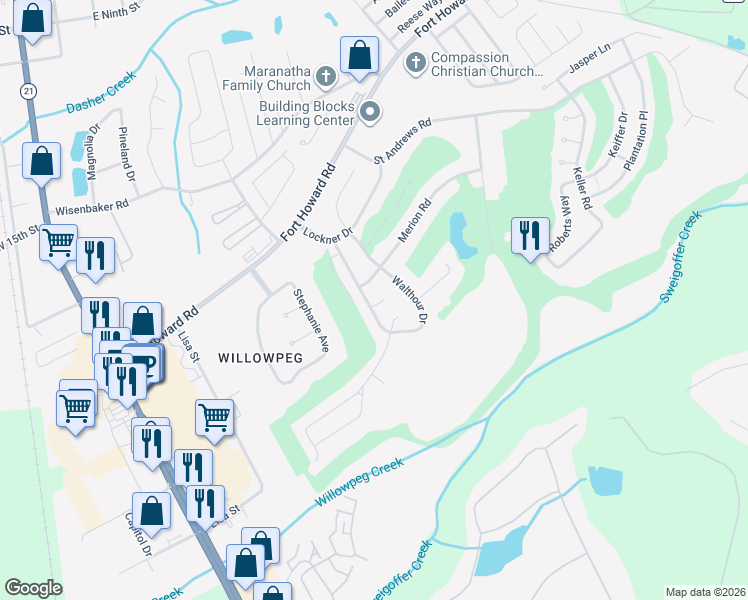 map of restaurants, bars, coffee shops, grocery stores, and more near 305 Walthour Drive in Rincon