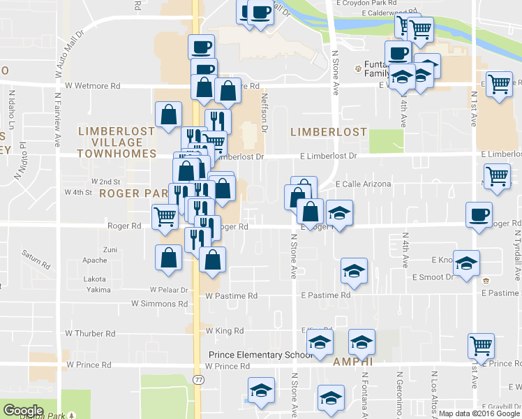 map of restaurants, bars, coffee shops, grocery stores, and more near 220 West Roger Road in Tucson