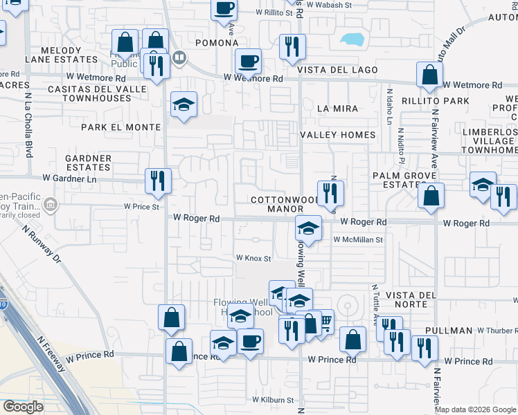 map of restaurants, bars, coffee shops, grocery stores, and more near 1461 West La Pasadita Street in Tucson