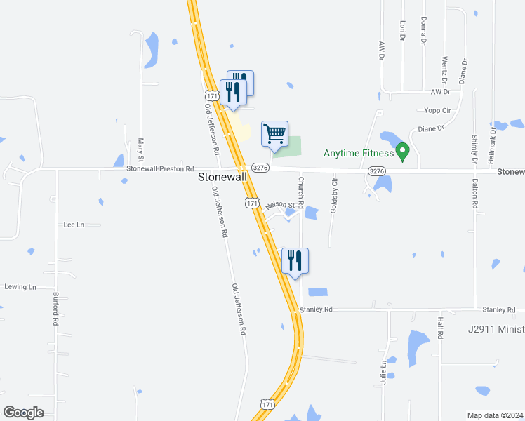 map of restaurants, bars, coffee shops, grocery stores, and more near 939 U.S. 171 in Stonewall