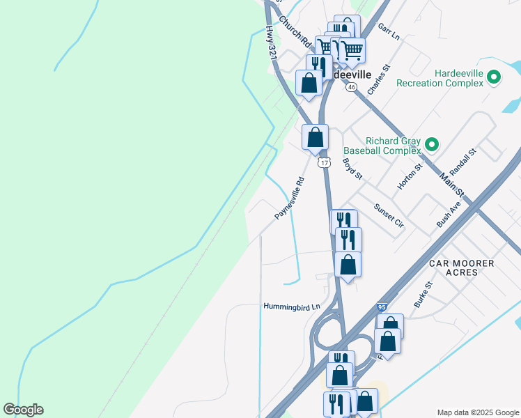 map of restaurants, bars, coffee shops, grocery stores, and more near 50 Young Street in Hardeeville
