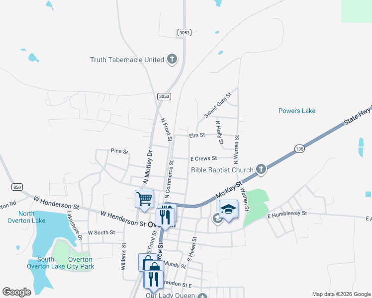 map of restaurants, bars, coffee shops, grocery stores, and more near 602 North Commerce Street in Overton