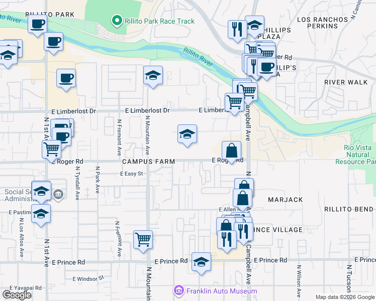 map of restaurants, bars, coffee shops, grocery stores, and more near 1601 East Roger Road in Tucson